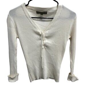 Vintage 90s Y2K One Girl Who White Ribbed Knit V-Neck Sweater Tie Detailing Sz S